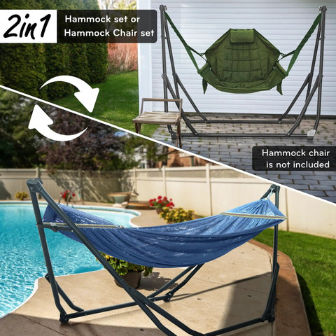 Hammock With Heavy Duty Steel Stand For Indoor And Outdoor Chill Sessions 600Lb Capacity Foldable 2 Layer Soft Polyester Durable And Comfortable Color Aegean