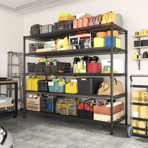 Beefy 5 Tier Wire Storage Shelves With 3200 Lb Capacity, 55.5 Inch Wide Metal Garage Shelving Unit With Adjustable Shelves For Garage, Pantry, Basement, Warehouse, Kitchen, Office Organization in a garage with stored bins