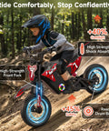 Kids Electric Dirt Bike With 700W Peak Power And Three Speed Modes Rides Up To 15.5 MPH On Mixed Terrain For Real Dirt Bike Feel And About 13.7 Mile Range In Bright Red, child riding on dirt trail