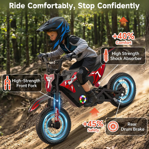 Kids Electric Dirt Bike With 700W Peak Power And Three Speed Modes Rides Up To 15.5 MPH On Mixed Terrain For Real Dirt Bike Feel And About 13.7 Mile Range In Bright Red, child riding on dirt trail