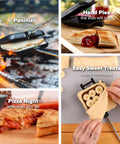 Cast Iron Camp Cooker Pie Iron Sandwich Maker With Preseasoned Surface And Heat Resistant Removable Handles Open Fire Ready in use.