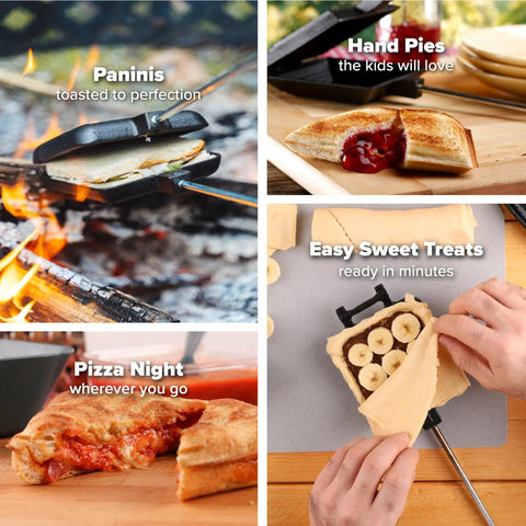Cast Iron Camp Cooker Pie Iron Sandwich Maker With Preseasoned Surface And Heat Resistant Removable Handles Open Fire Ready in use.