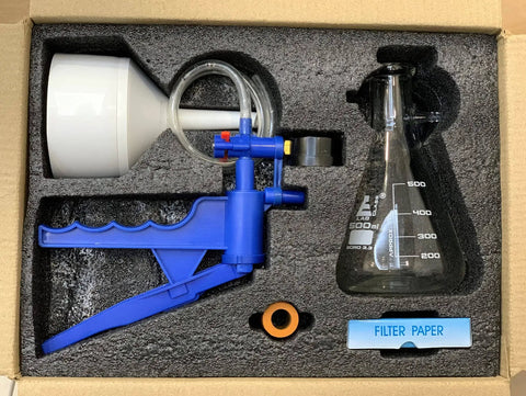 Complete Vacuum Filtration Kit For Lab And Home Science Including 500mL Glass Filtering Flask With Sidearm, Hand Vacuum Pump, Funnel