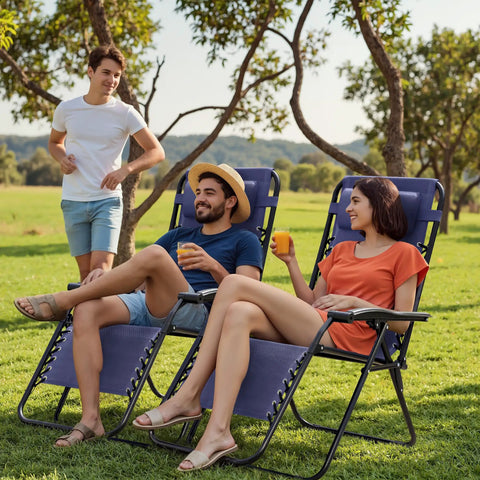 Two Blue Zero Gravity Lounge Chairs Set With Cup Holders And Pillows, No Assembly Needed, Foldable Outdoor Patio Recliners for Relaxation