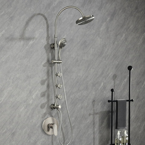 Riviera Shower System With 8-Inch Rain Showerhead, Three Body Sprays, Five-Function Hand Shower, Brushed Nickel Finish, Easy Retrofit Surface-Mounted Pre-Plumbed No Remodel Needed
