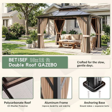 10x12 Ft Hardtop Gazebo With Aluminum Frame And Polycarbonate Roof, Permanent Outdoor Pavilion With Curtains And Netting