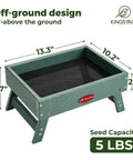 All In One Outdoor Bird Feeder Made From Recycled Plastic Platform For Wild Birds Squirrels And Chickens With A 5 Lb Capacity Green Built Tough For Weather And Easy To Fill, showing a green feeder with dimensions and off-ground design.