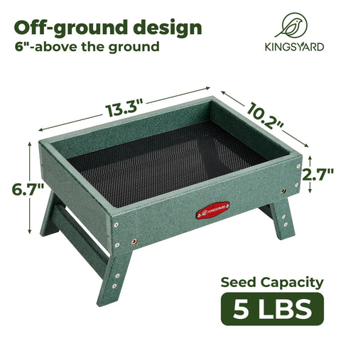 All In One Outdoor Bird Feeder Made From Recycled Plastic Platform For Wild Birds Squirrels And Chickens With A 5 Lb Capacity Green Built Tough For Weather And Easy To Fill, showing a green feeder with dimensions and off-ground design.