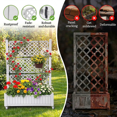 Comparison of All Weather Raised Garden Bed With Trellis And Privacy Screen On Wheels and an old rusty garden bed