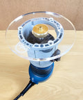 Heavy Duty 6 Inch Round Router Base Plate With Snappy Pre Drilled Holes Clear Acrylic Drop In Ready Fit For Bosch Colt Routers And Template Guides Made In USA, mounted on a router top view.