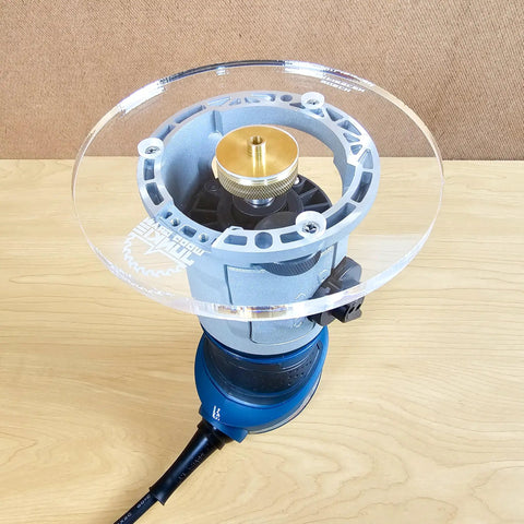 Heavy Duty 6 Inch Round Router Base Plate With Snappy Pre Drilled Holes Clear Acrylic Drop In Ready Fit For Bosch Colt Routers And Template Guides Made In USA, mounted on a router top view.