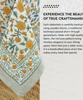 Top Tier Floral Block Print Cotton Tablecloth Yellow Rectangular Dining Cover Washable Farmhouse Kitchen Linen draping on a table corner.