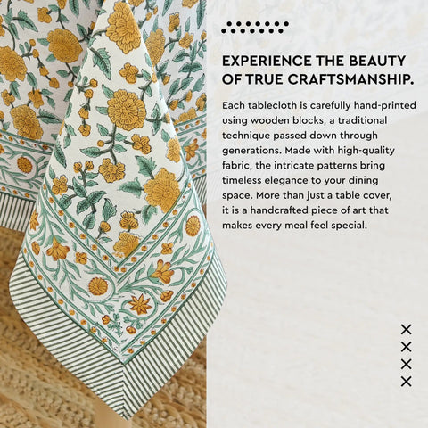 Top Tier Floral Block Print Cotton Tablecloth Yellow Rectangular Dining Cover Washable Farmhouse Kitchen Linen draping on a table corner.
