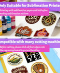 Sublimation Sticker Paper 60 Sheets 8.5x11 White Waterproof Glossy Vinyl for Inkjet Printers and Heat Presses High Transfer with printed designs and ink bottles