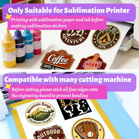 Sublimation Sticker Paper 60 Sheets 8.5x11 White Waterproof Glossy Vinyl for Inkjet Printers and Heat Presses High Transfer with printed designs and ink bottles