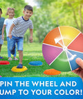Children play with Durable Non Slip Stepping Stones For Kids 3 Plus Set Of 10 Colorful Indoor Outdoor Balance And Motor Skill Builder Great For Obstacle Courses And Toddler Play Tot Friendly Gift outdoors, using a spinner to match colors.