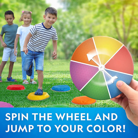 Children play with Durable Non Slip Stepping Stones For Kids 3 Plus Set Of 10 Colorful Indoor Outdoor Balance And Motor Skill Builder Great For Obstacle Courses And Toddler Play Tot Friendly Gift outdoors, using a spinner to match colors.