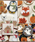 Various punch needle embroidery designs including animals, holiday themes, and seasonal decorations on fabric.