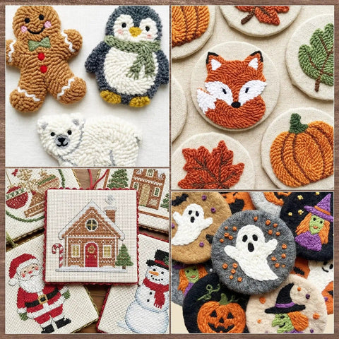 Various punch needle embroidery designs including animals, holiday themes, and seasonal decorations on fabric.
