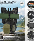 Rugged Tactical Hydration Pack with 2.5L Bladder, MOLLE System, camo exterior, shown with front pockets and webbing attachment.