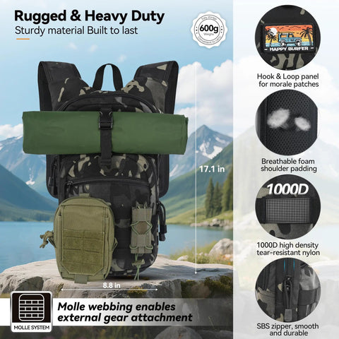 Rugged Tactical Hydration Pack with 2.5L Bladder, MOLLE System, camo exterior, shown with front pockets and webbing attachment.