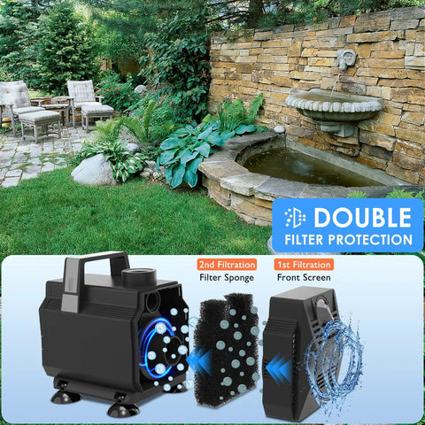 Outdoor view of Beefy Submersible Water Pump 600GPH 35W With Flow Control, filter features visible, pond setting
