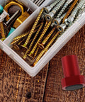 Eight Piece Pro Grade Aluminum Alloy Limit Cards For Woodworking Tables With screws in plastic organizer on wood surface.