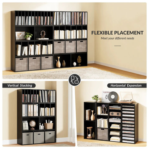 DIY Modular Cube Bookcase System With 23 Cube Open Shelves Stackable And Expandable Cube Set For Books Fabric Storage Bins And 7 To 10 Inch Vinyl Record Organizer Black showcased in various configurations, including vertical stacking and horizontal expansion, in a room setting.