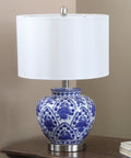 Blue And White Floral Ceramic Table Lamp With White Linen Shade And Brushed Nickel Accents 3 Way Lighting Ginger Jar Inspired Cozy Decor