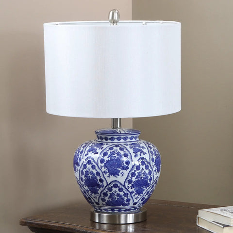Blue And White Floral Ceramic Table Lamp With White Linen Shade And Brushed Nickel Accents 3 Way Lighting Ginger Jar Inspired Cozy Decor