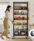 Ultra Sturdy 7 Tier Wire Shelving Unit With Basket Shelf And Wheels For Pantry Kitchen Or Office Storage Adjustable Shelves Waterproof And Rust Proof Metal Four Side Hooks For Ladles Towels And More 72 Inch Tall, black wire shelving in kitchen
