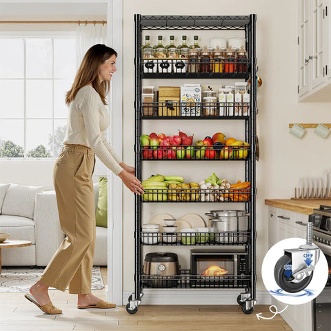 Ultra Sturdy 7 Tier Wire Shelving Unit With Basket Shelf And Wheels For Pantry Kitchen Or Office Storage Adjustable Shelves Waterproof And Rust Proof Metal Four Side Hooks For Ladles Towels And More 72 Inch Tall, black wire shelving in kitchen