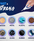 Cyanoacrylate Glue Kit With Activator And Accelerator Spray For Woodworking Includes Three Viscosity Bottles Thin Medium Thick Sixteen Point Nine Ounce Accelerator Fifteen Microtips And Replacement Lids For 3D Printing Plastic And Guitar Repairs shown with surfaces it bonds to including wood, metal, plastic, leather, marble, glass, rubber, ceramic
