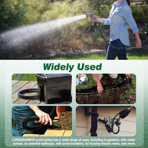 1-inch ID corrugated black pond hose (PVC), 20.6 ft, used for ponds, waterfalls and garden pumps.