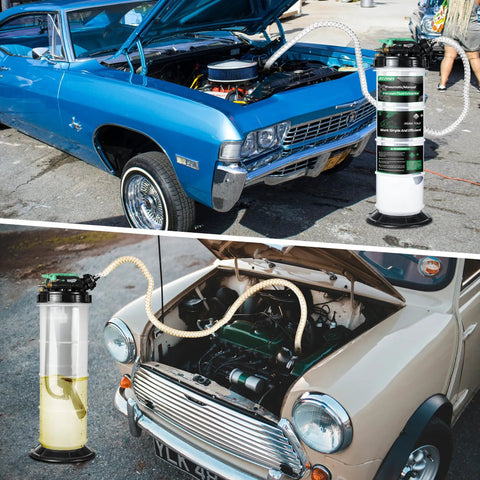 9.5 L Oil Extractor Pump All In One Kit for Cars and Boats in use extracting fluid from car engines outdoors