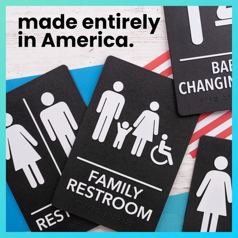 Restroom Sign For Business ADA Compliant Braille Bathroom Sign With Double Sided Tape, black family restroom design