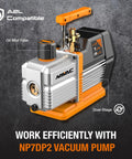 NAVAC NP7DP2 HVAC vacuum pump, dual-stage, A2L compatible, orange base, front view.