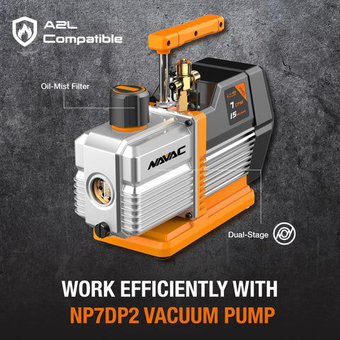 NAVAC NP7DP2 HVAC vacuum pump, dual-stage, A2L compatible, orange base, front view.