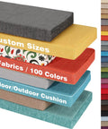 Stack of custom bench cushions for indoor furniture and outdoor patio, totally customizable size thickness shape fabric color piping and non slip fixing, 75D foam seat cushions for bay windows kitchen nook benches mudrooms and sofas, showcasing various fabrics and colors.