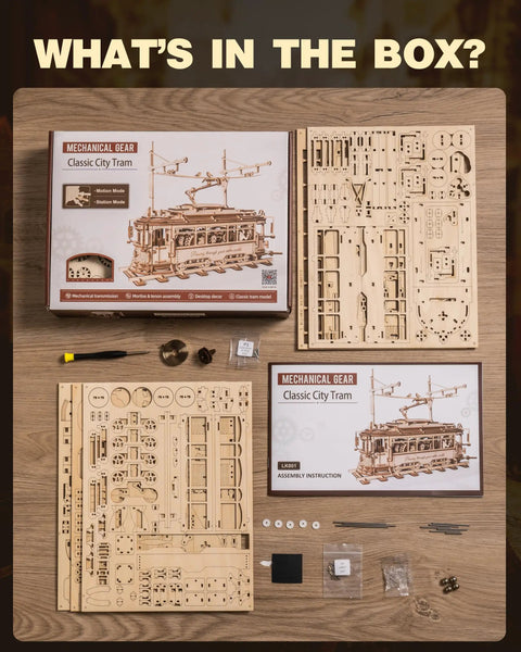 3D Wooden Puzzle Kit for Adults, Mechanical Tram Model 1:24 Scale, Car Model Replica, Intricate Gear System, Build Time About 5 Hours, Wood Building Craft, Unique Gift for Puzzle Fans and Hobbyists box contents with wooden parts and tools