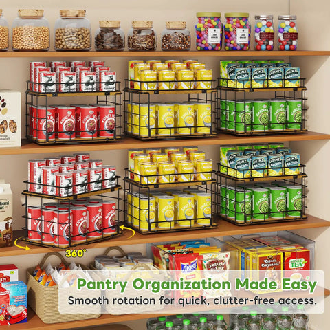 360 Degree Rotating Lazy Susan Can Organizer For Pantry Storage, Holds Twenty Six Cans, Black Smooth Spin Kitchen Rack on shelves.