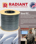 Radiant Solutions Company heat cable spool on wooden reel; black self-regulating 10–13mm cable for gutter and roof protection.