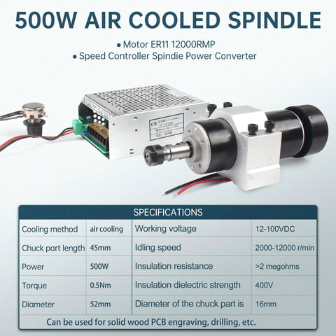 Beefy 500W CNC Air Cooled Spindle Motor With ER11 Chuck, power converter and specifications display.