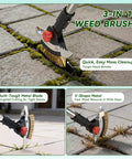 3 In 1 Heavy Duty Crack Weeder Tool With 59 Inch Adjustable Handle Stainless Steel Crevice Weed Puller showing different head uses
