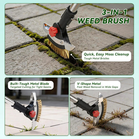 3 In 1 Heavy Duty Crack Weeder Tool With 59 Inch Adjustable Handle Stainless Steel Crevice Weed Puller showing different head uses