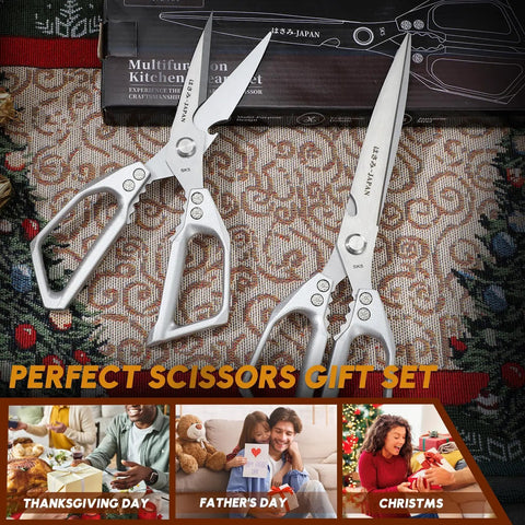 Beefy Heavy Duty Kitchen Shears Two Pack With 7 Inch Extended Blade For Poultry Thick Cardboard And More Durable Japanese Steel Scissors For Serious Kitchen Pros, two silver shears on patterned rug