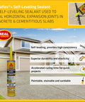 Sikaflex Self-Leveling Sealant for concrete joints, shown outside a house, highlighting features such as self-leveling and quick cure.