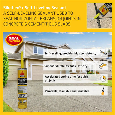 Sikaflex Self-Leveling Sealant for concrete joints, shown outside a house, highlighting features such as self-leveling and quick cure.