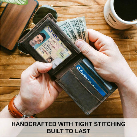 Person holding RFID Blocking Leather Wallet For Men With Extra Capacity Bifold Design Eight Card Slots Two ID Windows