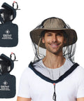 Two Pack Mosquito Head Net Mesh for Hiking and Outdoors Over Hat, showing packaged nets and man wearing net over hat.
